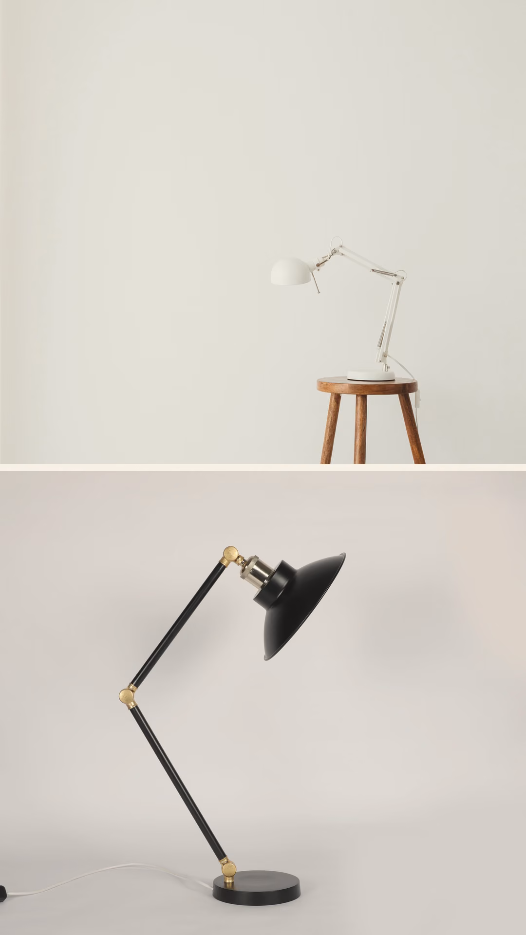 A simple white lamp on a stool above a black-and-brass architect lamp