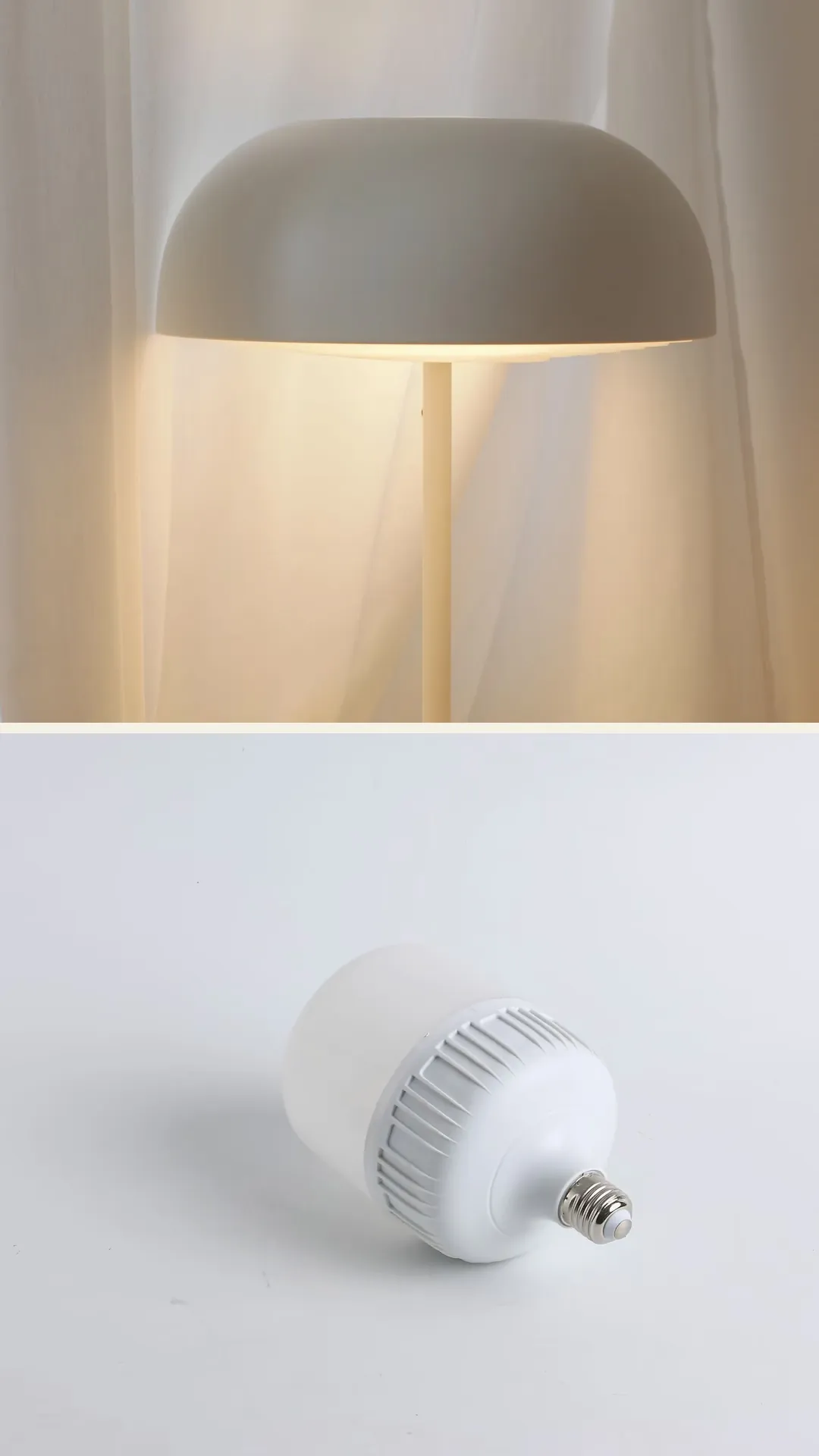 A lamp glowing warm white above a cool-white LED bulb on a white background