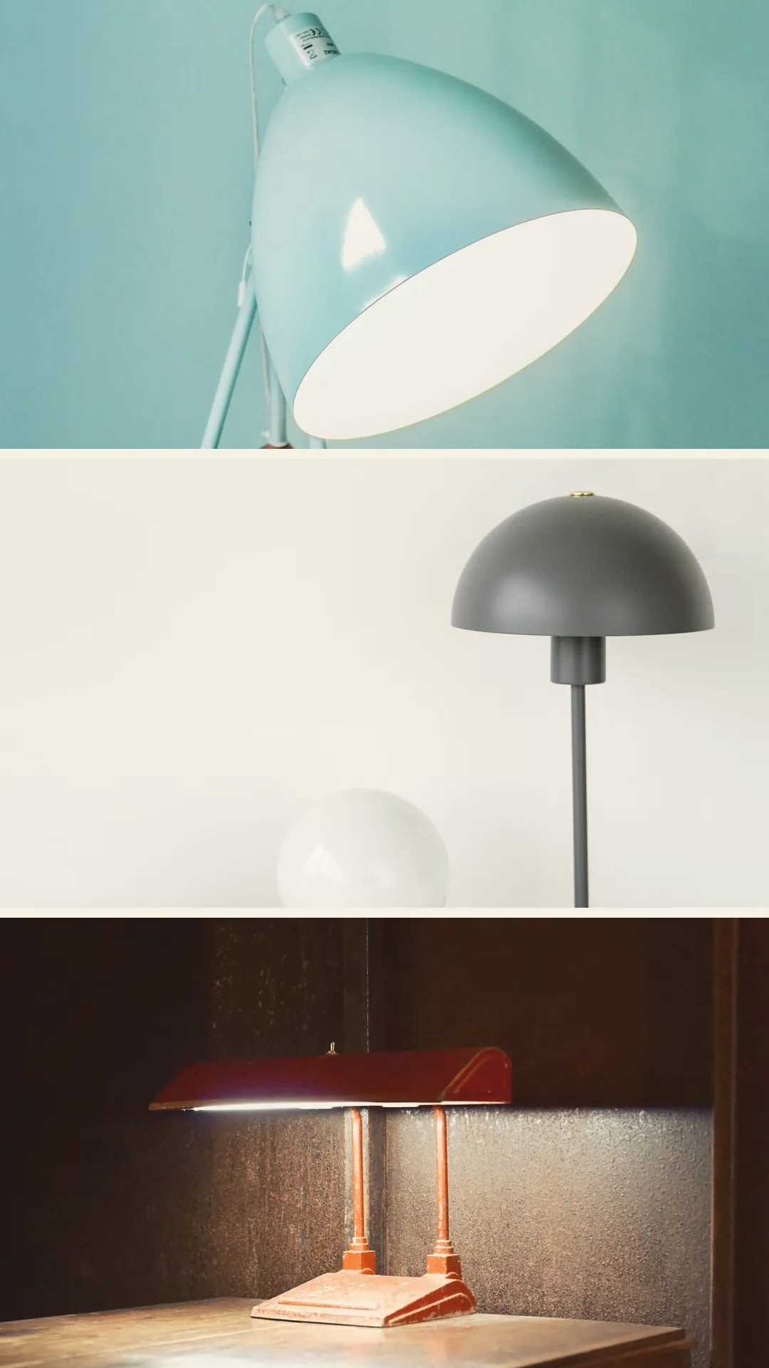 Three desk lamps stacked: a teal dome lamp, a grey mushroom lamp, and a green banker lamp